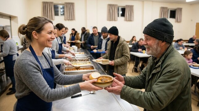Volunteers serve warm meals to people in need at a community soup kitchen during a cold day