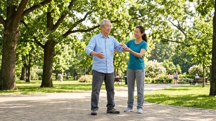 Obraz premium Elderly Asian man practices Tai Chi in a park with a younger woman assisting him outdoors on a sunny day