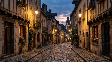 Fototapeta premium Cobblestone street lined with historic timber framed buildings and glowing lanterns at dusk with a clock tower in the distance