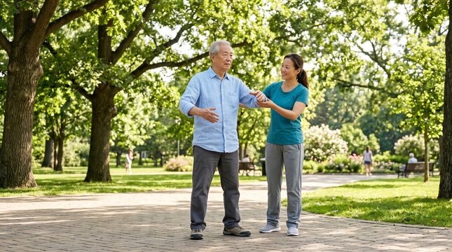 Elderly Asian man practices Tai Chi in a park with a younger woman assisting him outdoors on a sunny day