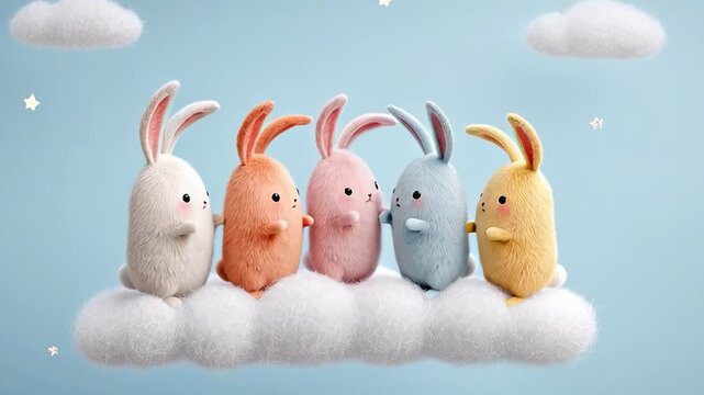 Cute plush bunny characters hopping across fluffy clouds in a whimsical sky