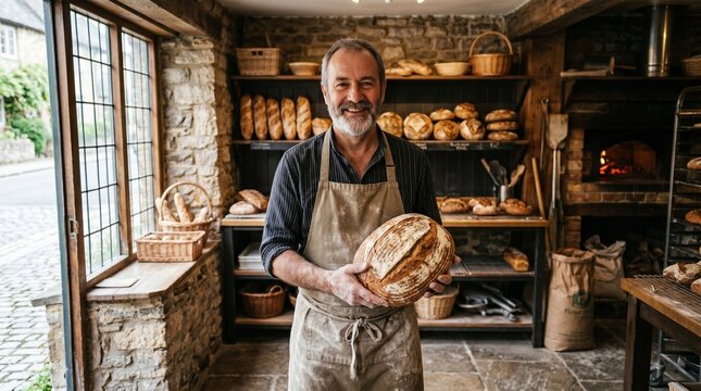 Smiling baker holding a fresh sourdough loaf in his traditional bakery with a brick oven in the background