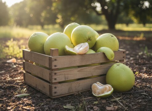 Fresh pomelo fruits in a wooden crate on the ground in a citrus orchard at sunset