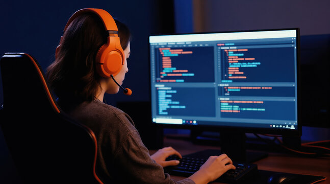 Young woman with headset types code on computer screen in dark room. Female programmer works late at night on software development project. Person codes website or app on PC.