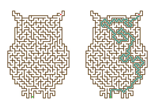 Owl-shaped maze puzzle for kids with solution diagram  