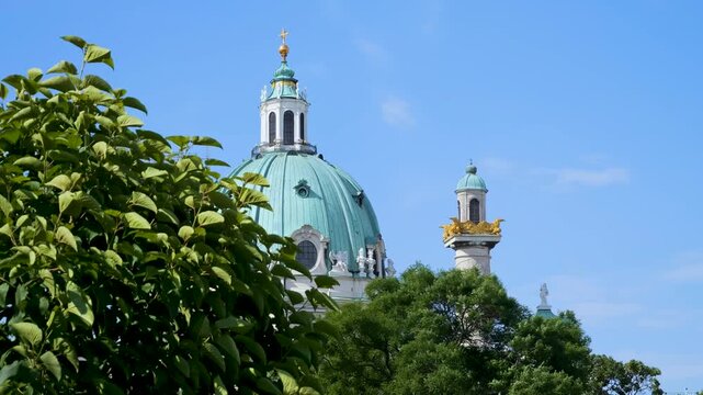 Beautiful view of the Karlskirche dome in Vienna under a clear blue sky