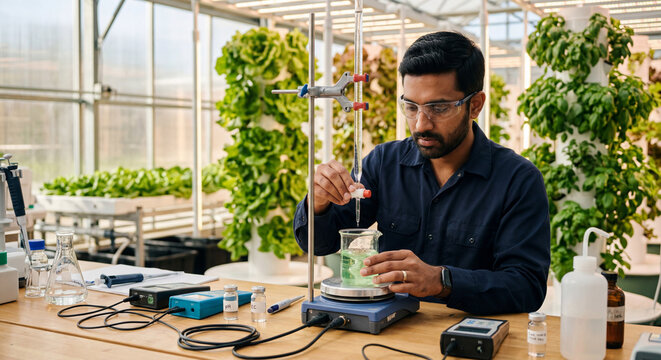 Hydroponic farm technician titrating nutrient solution beside growing area