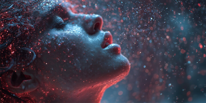 Surreal portrait of a human face dissolving into cosmic particles and stardust, symbolizing consciousness, imagination, spirituality, dreams, and the infinite universe.