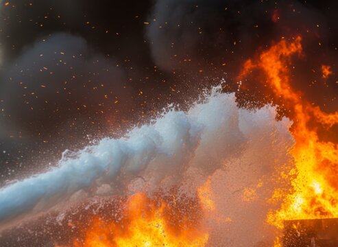 Firefighting foam stream spraying onto intense orange flames and black smoke