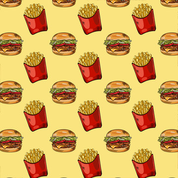 Fast food repeat pattern design with cheeseburgers and fries in a seamless vector print