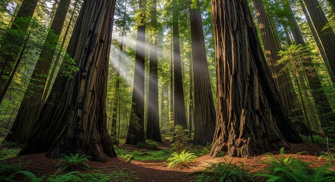 Beautiful sunbeams breaking through the tall canopy of a deep redwood forest onto the lush green floor.
