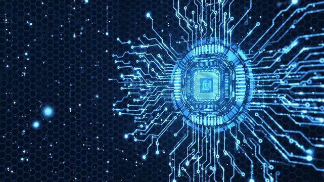 Digital circuit microchip technology blue light electronic network data transfer computer hardware circuit board innovation connection abstract electronic component microprocessor digital data