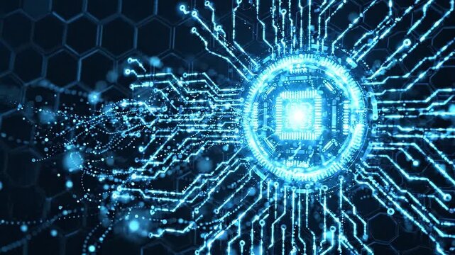 Digital circuit microchip technology blue light electronic futuristic data network connection abstract glowing innovation computer hardware motherboard microprocessor system technology background