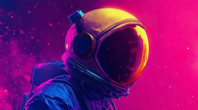 An astronaut's helmet glows with vibrant pink and yellow light against a dark, starry background.