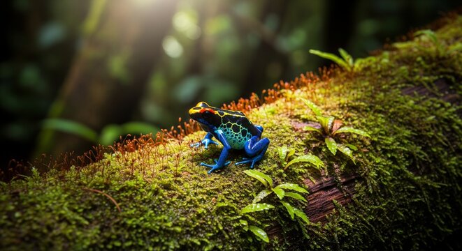 A close-up shot of a colorful blue and black poison dart frog with yellow details resting on a vibrant mossy branch in a sunlit jungle.