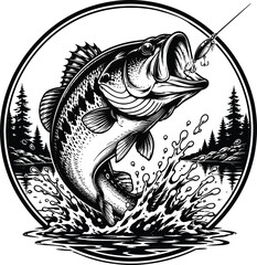 Obraz premium Largemouth bass fish jumping out of water to catch a fishing lure vector illustration. Sport fishing tournament round emblem logo design. Isolated black and white monochrome line art circular badge wi