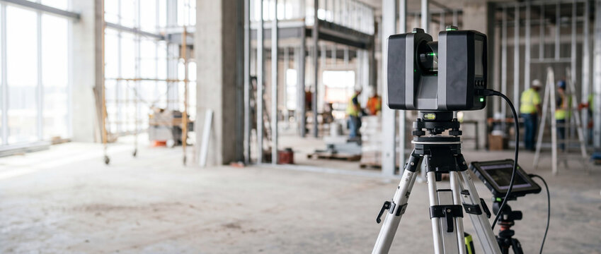 Laser scanner on tripod in active construction site interior for precise building surveying and measurement