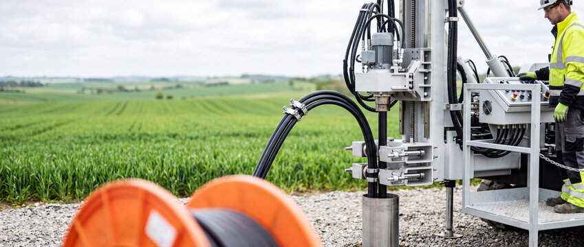 Technician operating geotechnical drilling rig in agricultural field for soil investigation and energy survey
