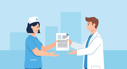 Obraz premium Doctor and nurse handing over medical document, healthcare collaboration, hospital team, medical record exchange