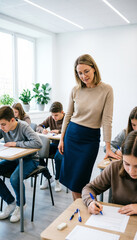 Fototapeta premium A teacher stands among the desks where students are writing their assignments. A modern school classroom with students.