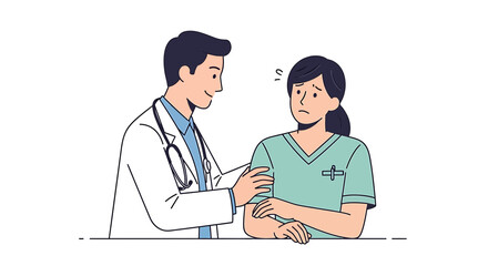 Fototapeta premium Doctor Comforting Worried Nurse, Medical Support, Healthcare Teamwork, Empathy
