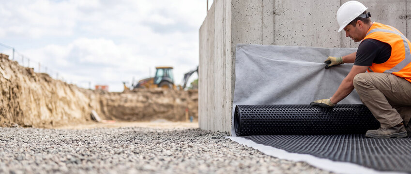 Construction worker kneels to install a dimpled waterproofing membrane against a concrete foundation wall at an excavation site, surrounded by gravel, machinery and groundwork activity.