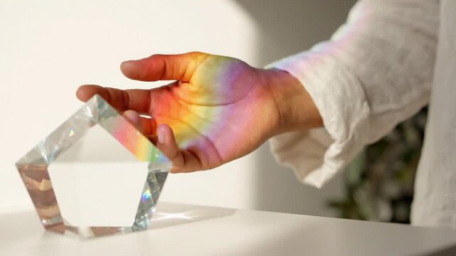 Prism hand rainbow light reflection glass crystal colorful spectrum transparent geometric pentagon sunlight indoors skin fingers palm white table decorative bright natural soft lighting abstract