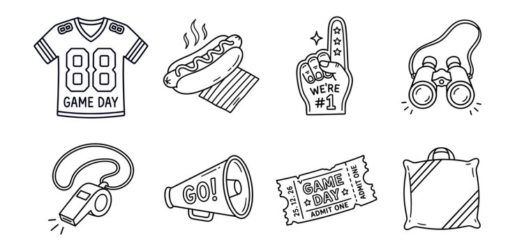 American Football Game Day Doodle Icons Collection. Hand-drawn line art illustrations of sports fan essentials: jersey, hot dog, foam finger, binoculars, whistle, megaphone, ticket, and cushion.