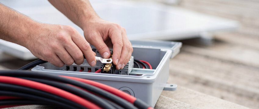 Solar technician connecting cables in junction box during solar panel installation on rooftop
