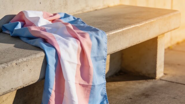 A conceptual shot of a transgender pride flag gently draped over an outdoor concrete bench, bathed in warm sunset light. A peaceful and symbolic visual for Pride Month and transgender visibility. 