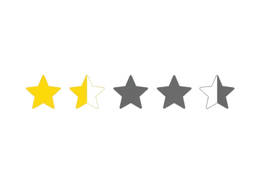 Minimalist star rating icons on white background, yellow and grey customer feedback symbols, one and a half star review ranking