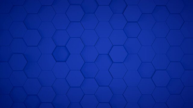 Abstract 4K blue hexagon geometric background. Full frame 3D honeycomb seamless loop backdrop.