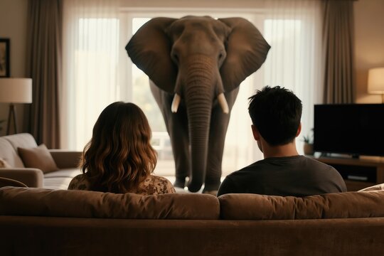 Couple sits on couch, ignoring large elephant in living room. Unspoken issues create tension and distance between them. They avoid confronting problems in their relationship.