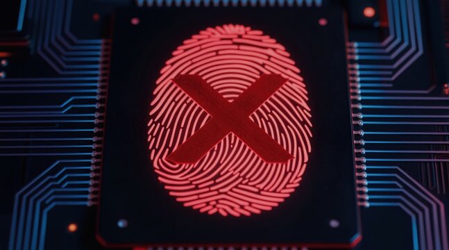 Red digital fingerprint with X mark on computer chip. Unauthorized access to biometric data. Security breach warning on cyber circuit board. Cybercrime or system failure alert graphic.