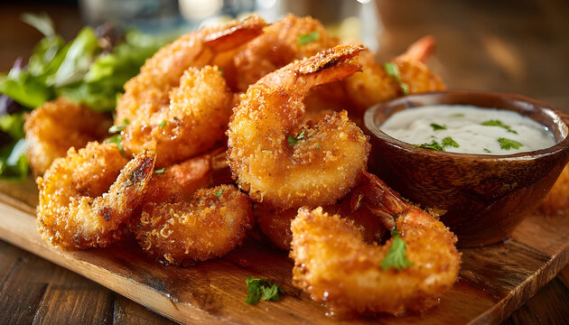 Crispy fried shrimp served with dipping sauce on a wooden table, featuring golden breaded seafood in a casual restaurant food closeup.