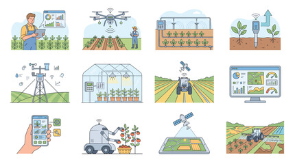 Fototapeta premium Smart farming technology concepts showing automated agriculture with drones, robots, iot sensors, climate control, gps guidance, and data analysis for precision farming management