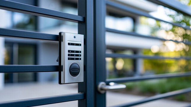 Close-up of an intercom system panel on a dark metal gate, smart security and access control concept, defocused background, with copy space