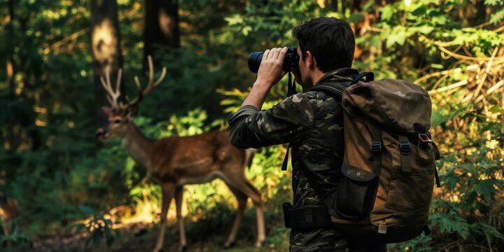 Man with binoculars observes deer in forest. Person wearing camouflage jacket and backpack searches wildlife. Natural setting, green trees, sunlight.