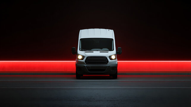 White delivery van with headlights on a dark road against a red neon light strip, front view, perfect for logistics and transport concepts