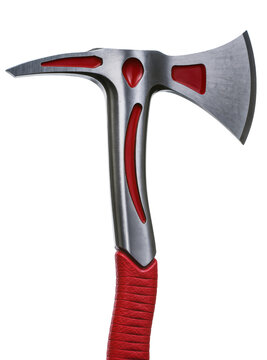 Isolated modern tactical axe and tomahawk tool with red leather handle and metal head