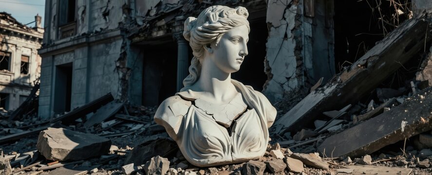 Cracked marble female bust sits amid rubble in destroyed city ruins. Broken buildings and debris surround the weathered statue, evoking themes of loss and decay.