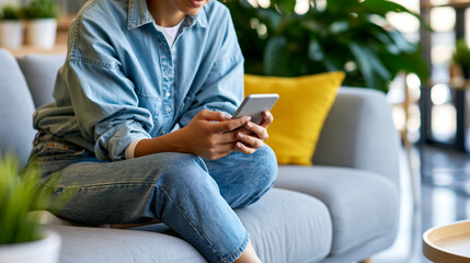 Obraz premium Unrecognizable young woman relaxing on a couch holding a smartphone, casual home setting, online shopping and social media concept, faceless, defocused living room background,
