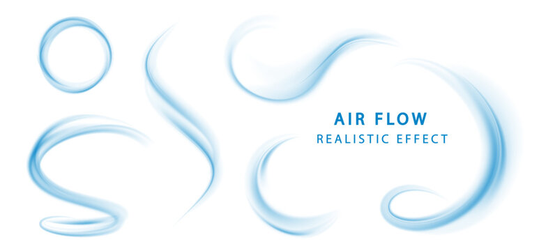 Blue air flow set with smooth cooling waves and fresh wind motion PNG. Clean breeze effect elements for climate, ventilation and freshness concepts