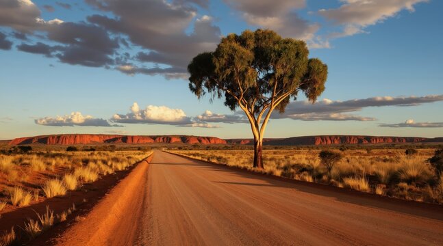 Lone eucalyptus tree by dirt road in outback Australia at sunset. Red rock formations line horizon under wide blue sky with clouds. Dry grass and arid landscape stretch towards distant mountains.