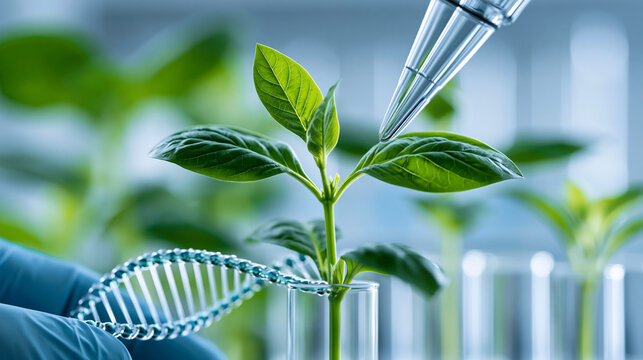 Scientific close-up of plant genetic modification and DNA analysis concept, agricultural biotechnology and research theme, defocused lab background, with copy space