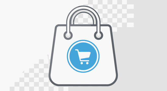 A simple vector shopping bag icon featuring a blue circular cart symbol inside for online store graphics