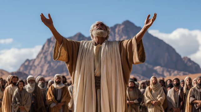 A concluding wide scene of moses addressing the gathered israelites before mount sinai with blessing, warning, and covenant responsibility under clear daylight.