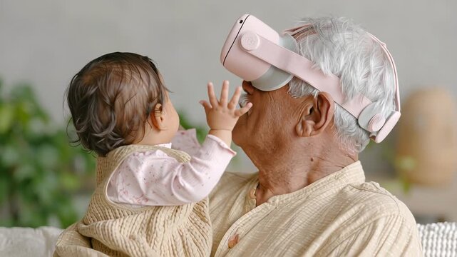 Elderly man with baby using virtual reality headset in cozy home setting