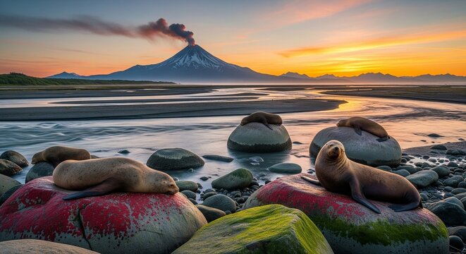 Sea lions sleeping and sunbathing on large round red and green rocks by the water during a beautiful sunset with a smoking volcano behind