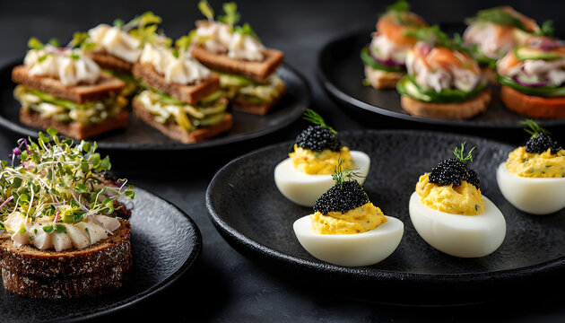Delicious deviled eggs with black caviar and sandwiches with herring, pickles, and sprouts arranged on black plates for a celebration, party, or catered event on a dark background